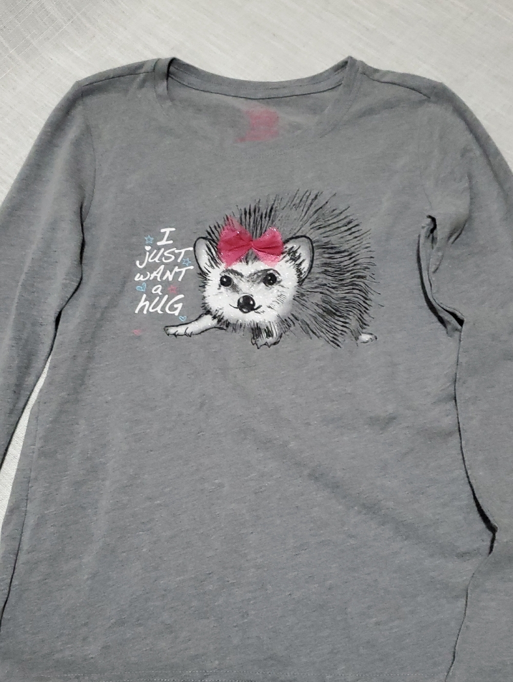Faded Glory Gray Long-Sleeve Hedgehog Tee with Pink Bow